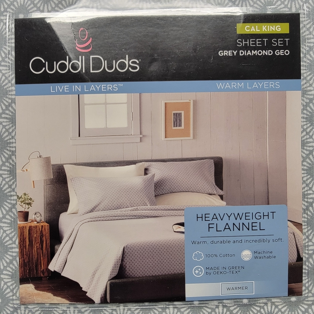 NWT Cuddl Duds Heavyweight Flannel Sheet Set Cal King Grey Diamond Geo